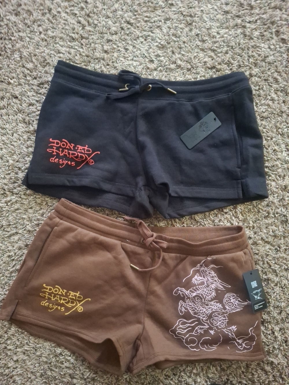 Ed Hardy Women's Black & Brown Graphic Athletic Shorts Set